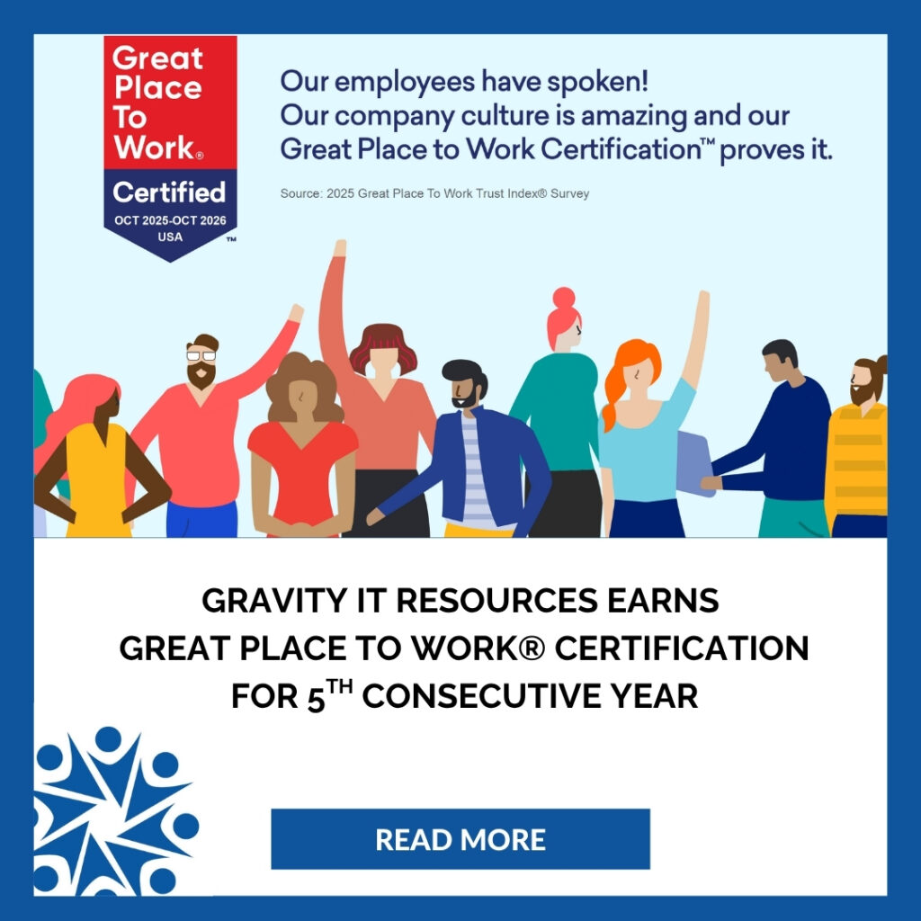 GPTW 25 Blog Group of diverse, animated characters celebrating. Text highlights Gravity IT Resources earning Great Place to Work certification for five years. Vibrant and positive tone.