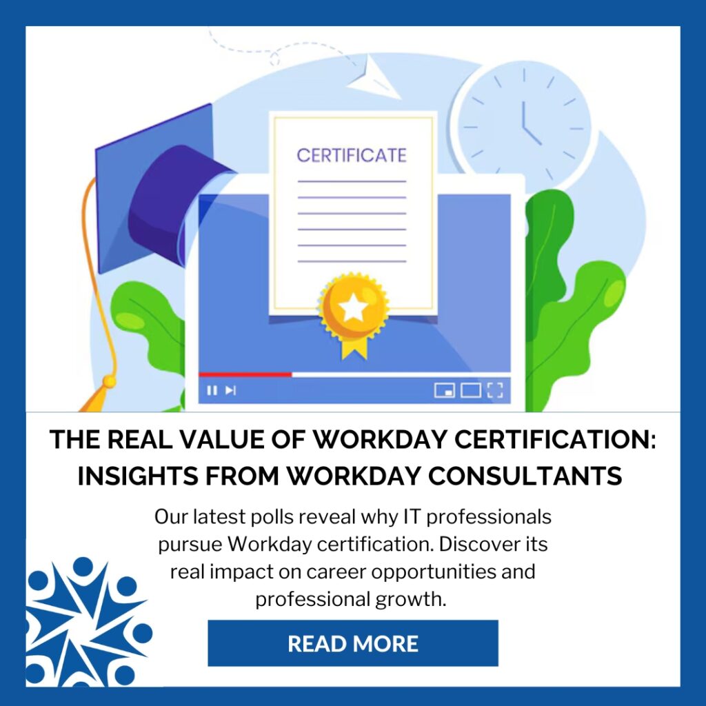 A certificate with a star ribbon on a laptop screen, framed by a clock, graduation cap, and green plants. Text below highlights Workday certification benefits.